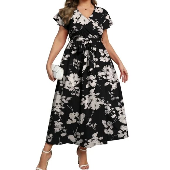 Women's Maxi Dress Plus Size 1X Flutter Sleeve Floral Print V Neckline Flowy - Picture 2 of 6